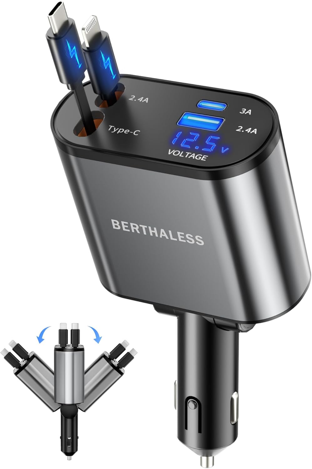 BERTHALESS 4 1 17/16/15/14/13/12/11,Galaxy,Pixel, Retractable Car Charger, in Fast Charging Car Charger with USB-C