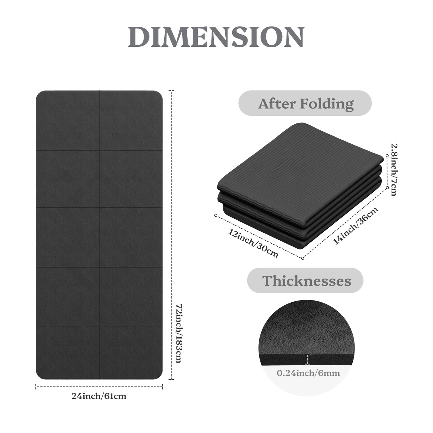 Foldable Yoga Mat Non Slip, Pilates Fitness Mats - 72" x 24" x 0.24" Extra Width ＆ Thick, Anti-Tear Exercise Mat with Carrying Strap and Bag, Workout Mats for Stretching,Yoga Studio,Gym or Home Workouts