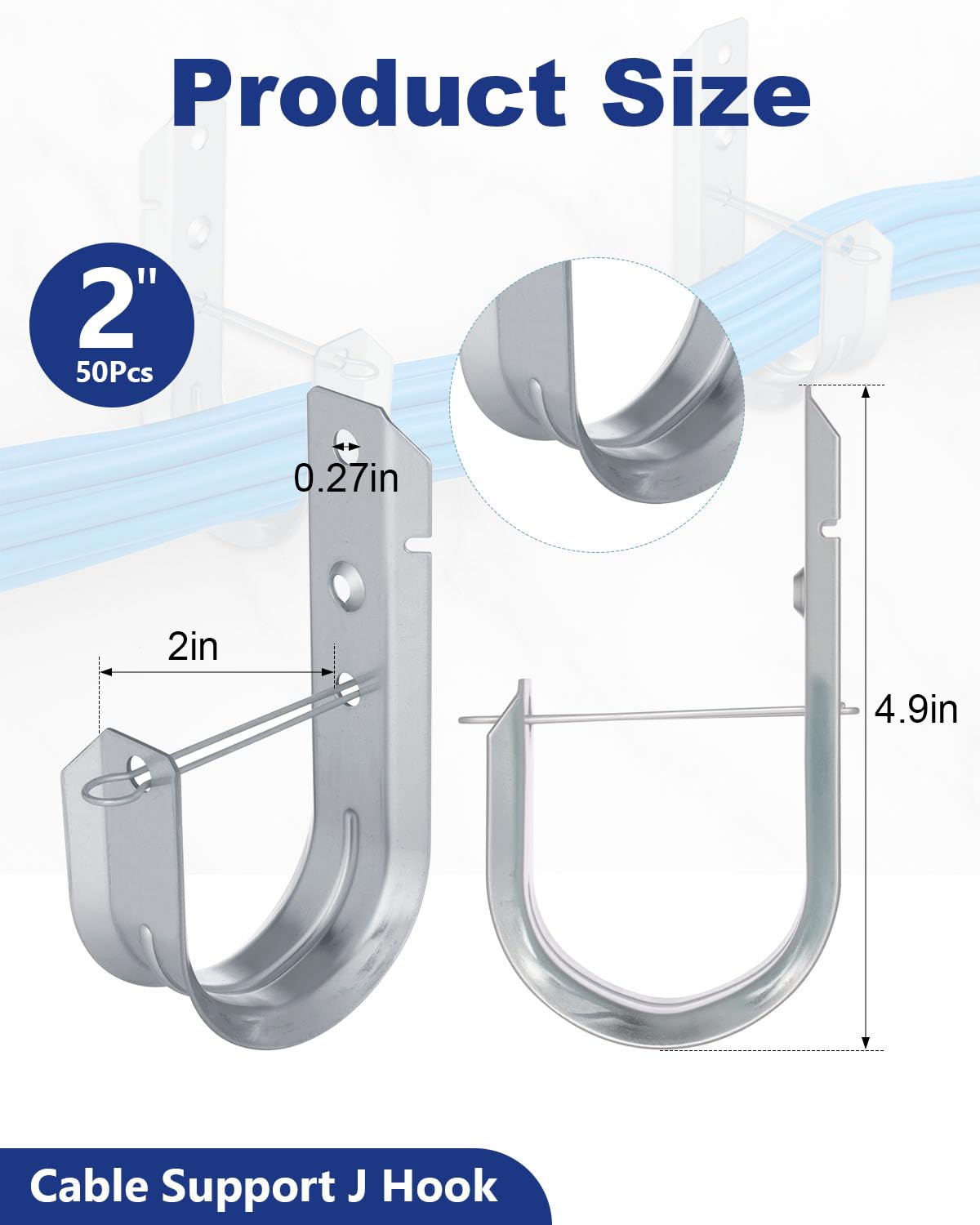 AOKLIT 2" Galvanized Steel J-Hooks, Heavy Duty Wall Mount Cable Support J Hook with Retainer Clip for Cable Management (50 PCS)