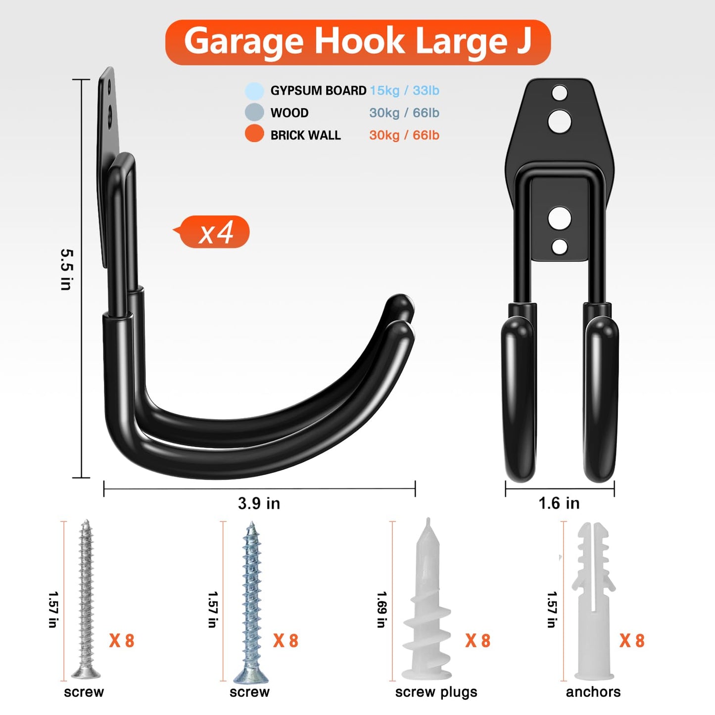 HUPBIPY Heavy Duty Garage Hooks 4 Pack, J Shaped Hanger, Wall Mounted Storage System, Power and Garden Tool Organizer, for Hanging Ladders, Bikes Tires, Hose, Bulk Items