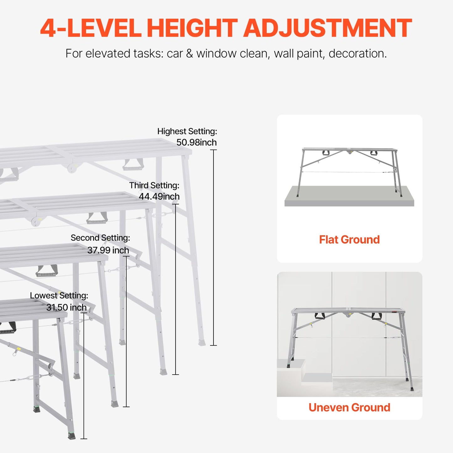 VEVOR Work Platform, 63"x 15" Portable Scaffolding Platform, Folding Steel Step Ladder Adjustable Height 31.5”-50.1”, 800 lbs Load Capacity, Non-Slip Drywall Painting Stool for Cleaning &Washing