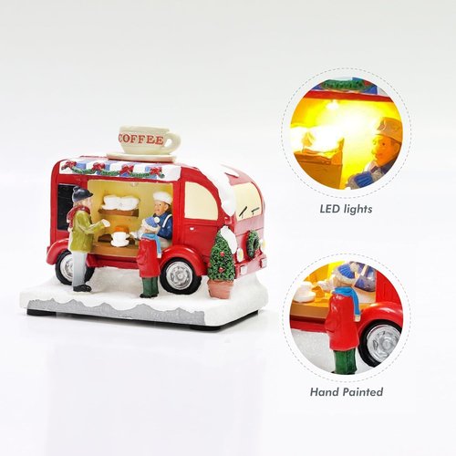 Moments In Time Christmas Coffee Truck Village Scene - Lighted LED Holiday Decor | Hand-Painted Polyresin