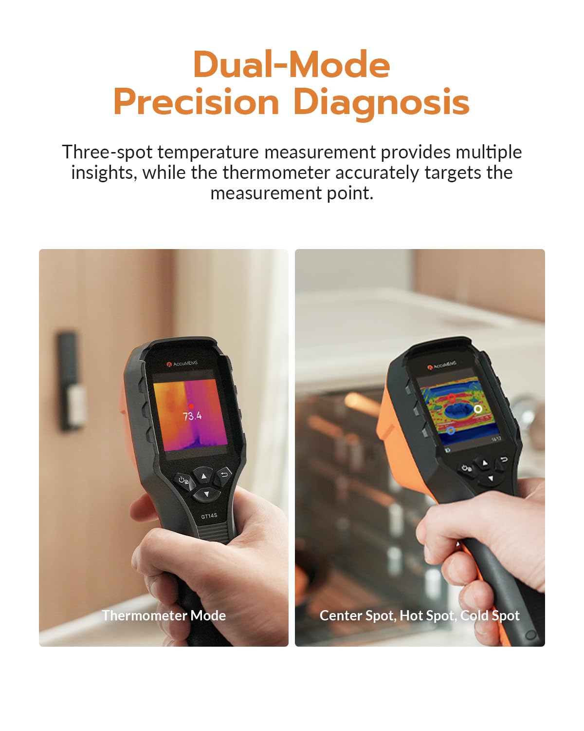 AccuMEMS GT16D Dual-Spectrum Thermal Imaging Camera, AI UIRA-Scene Detection with Thermometer-Mode Precision Detection, UIRA-IR 240×240 Resolution, -4°F~1202°F, < 50 mK, 11h Runtime, 25Hz