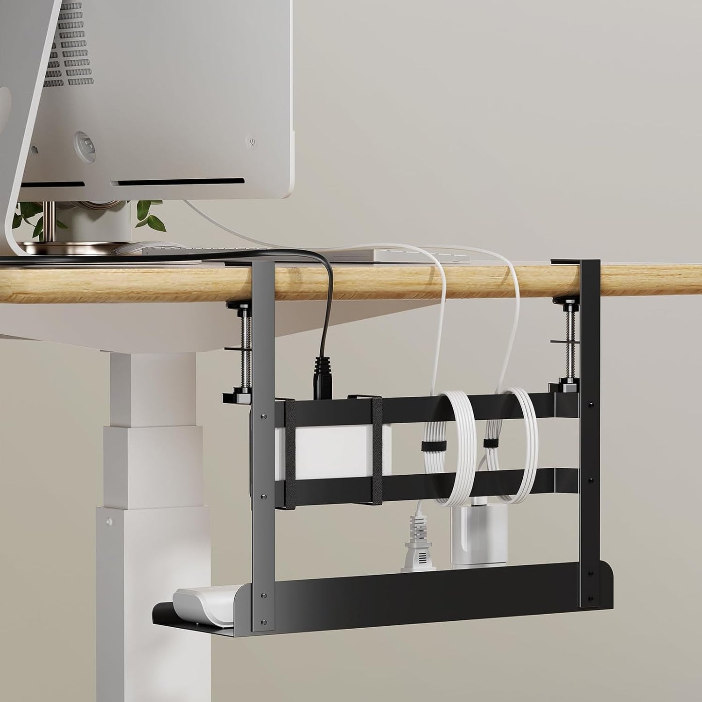 Yecaye Under Desk Cable Management Tray, No Drill Clamp Mount Metal Cable Management Tray with Desk Protection Pads