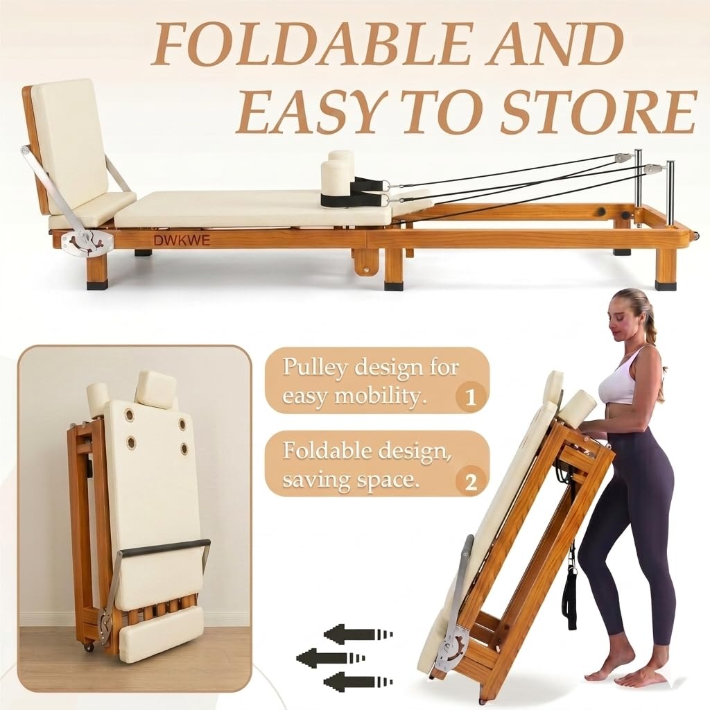 88" Foldable Pilates Reformer, Adjustable Footbar, Walnut Wood Grain Metal Frame, Dual Spring & Latex Resistance, Jump Board & Headrest, Space-Saving Home Gym, Ideal