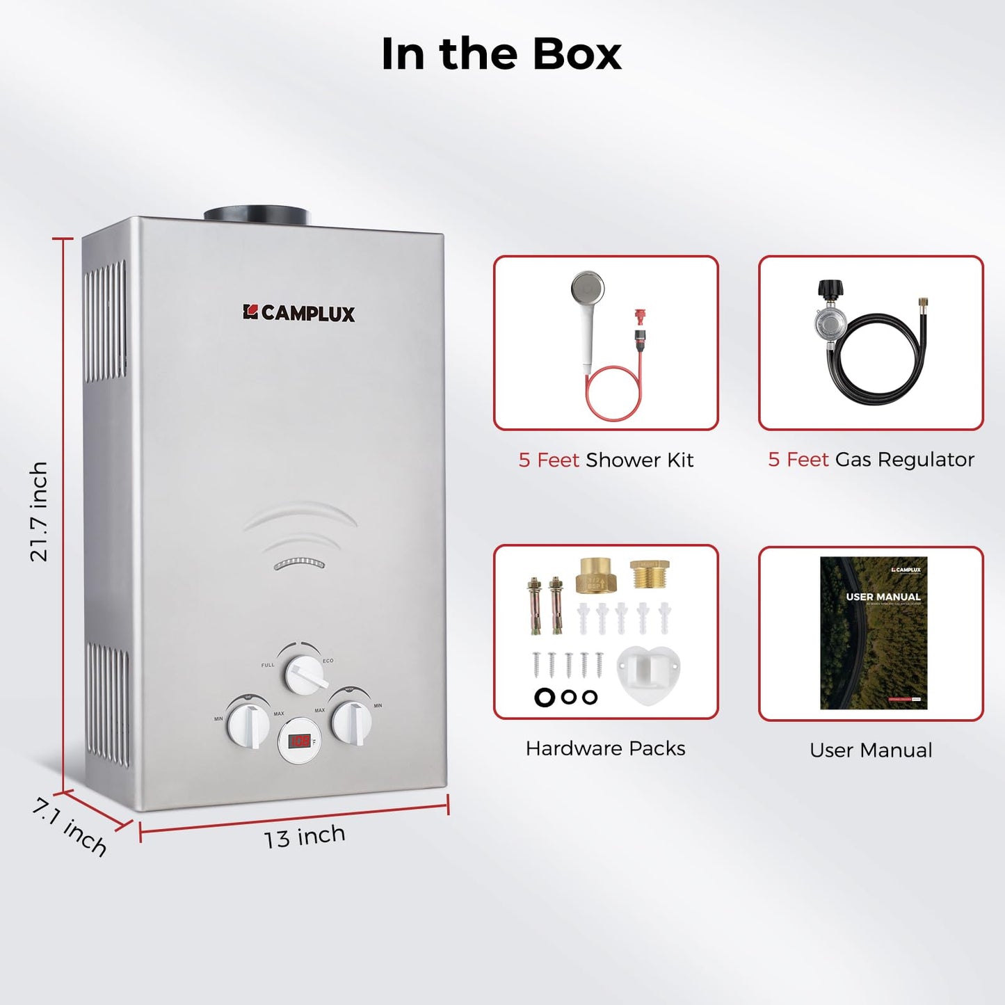 CAMPLUX Tankless Water Heater - 2.64GPM Portable Propane Heater for Off Grid, Camping, Outdoor Shower - 68,000 BTU - BW264G - Gray
