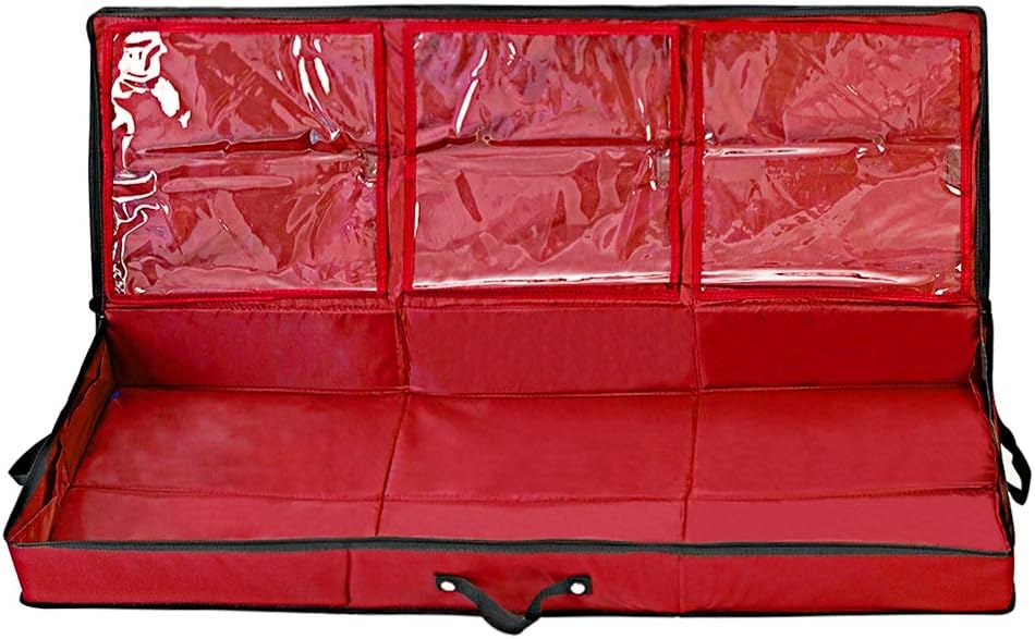 Primode Wrapping Paper Storage Container - Gift Wrap Organizer Under Bed | Fits 18-24 Rolls Up to 40” | 600D Oxford | Red with Pockets for Ribbons and Bows