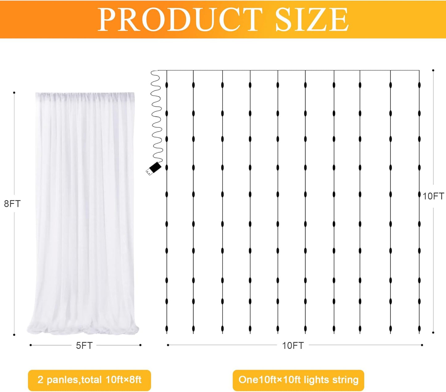 10FT 8FT (2 5x8FT) Fomcet Tulle Backdrop Curtains with Lights String White X Sheer Curtain with Lights Tulle Curtains