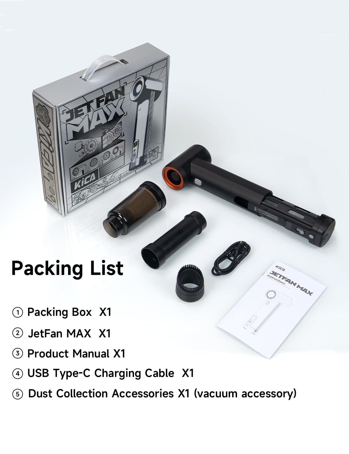 Jet Fan MAX - KiCA Jetfan Car Air Blower and Vacuum Turbo Fan,Electric Cordless Strong Blower 85000 RMP for Car Window Snow/Leaf Clearing,Dry Motocycle,Computer Dust Remove,Outdoots,Long Battery Life