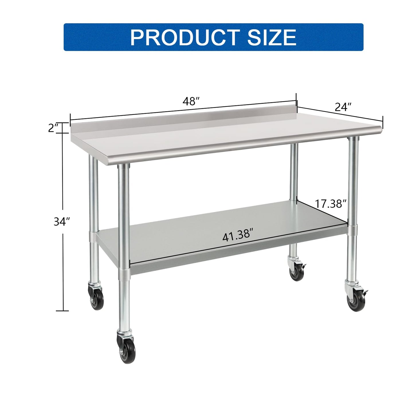 HARDURA Stainless Steel Table 24 x 48 Inches with Wheels Casters NSF Heavy Duty Commercial Prep Table with 2” Backsplash and Adjustable Undershelf for Restaurant Kitchen Home and Hotel