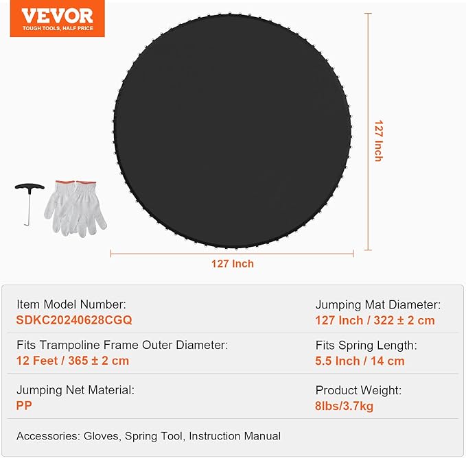 VEVOR Replacement Trampoline Mat, Universal Jumping Round Trampoline, Reinforce UV-Resistant Mat with Spring Tool & Durable V-Rings