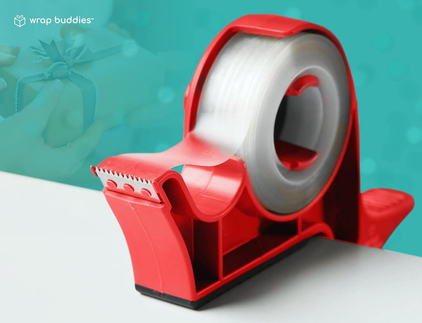 Wrap Buddies Tabletop Gift Wrapping Tool - Set of 2 Adjustable Clamps with Tape Dispenser - One-Handed Cutter in Cherry Red