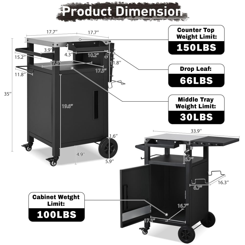 Dfchlda 33.9" Outdoor Grill Cart with Stainless Steel Top, Foldable Table, Storage Cabinet, Pizza Oven Table on Wheels, Hooks & Spice Rack for BBQ, Waterproof Cover Included, Black