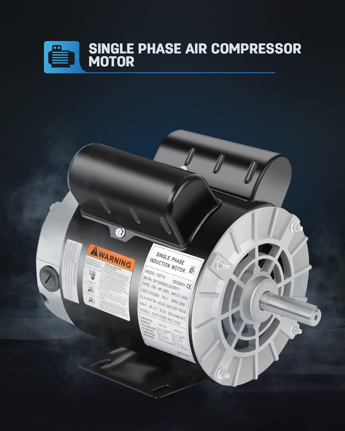 2 HP SPL Air Compressor Motor, Single Phase Electric Motor, 3450 RPM 115/230V, 56 Frame 5/8 Keyed Shaft 60 HZ