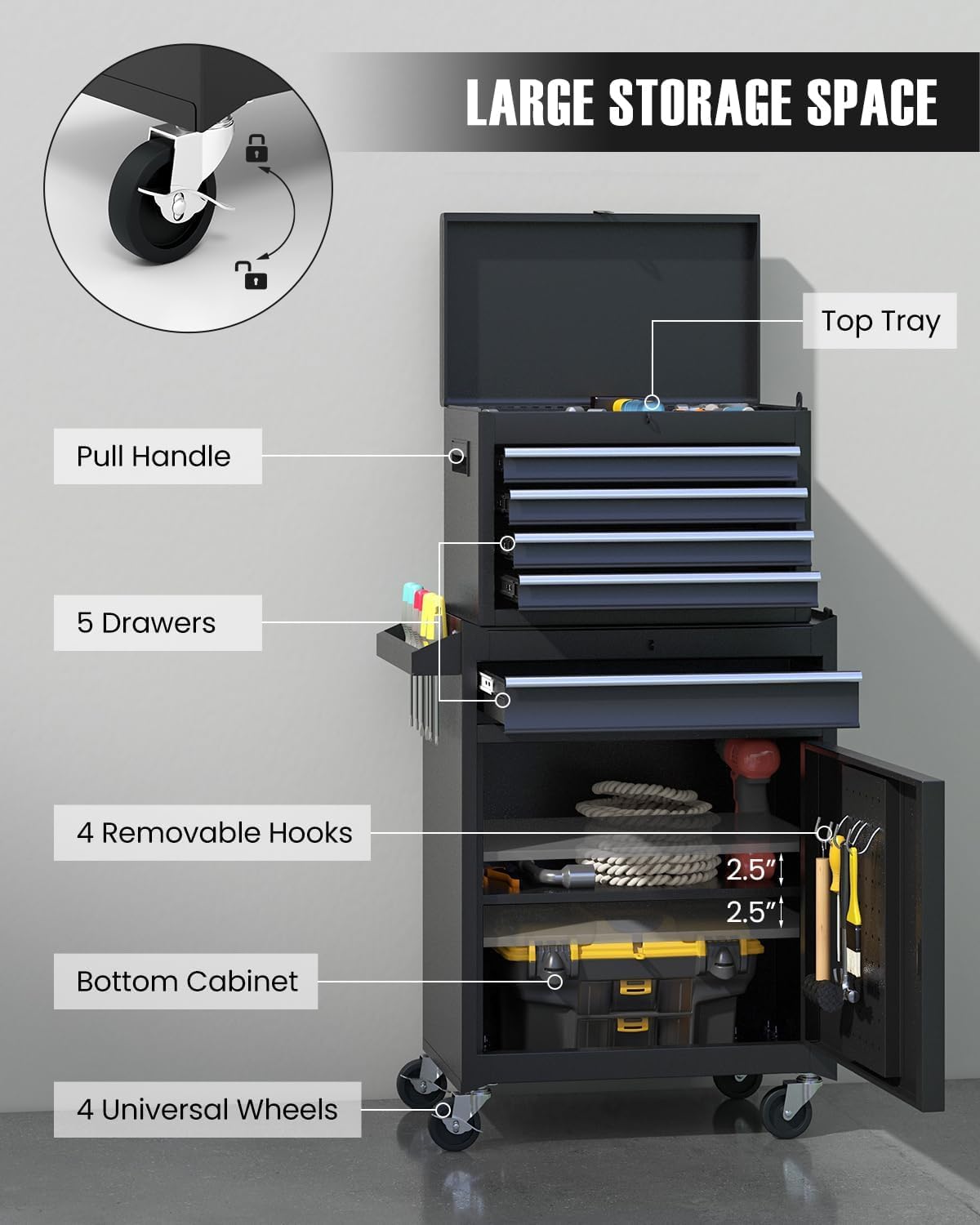 ARNOT 2-in-1 Rolling Tool Chest with 5 Drawers, Heavy-Duty Metal Tool Box with Wheels, Detachable Top Tool Box & Rolling Tool Cabinet for Garage, DIY (5-Drawers, Black)