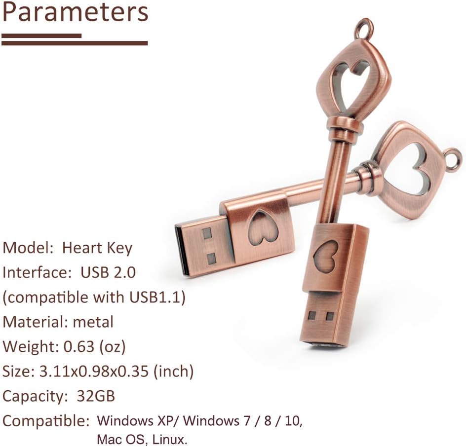 BORLTER CLAMP 32GB 2.0 USB Flash Drive, BorlterClamp Memory Stick Retro Metal Love Heart Key Shaped Thumb Drive