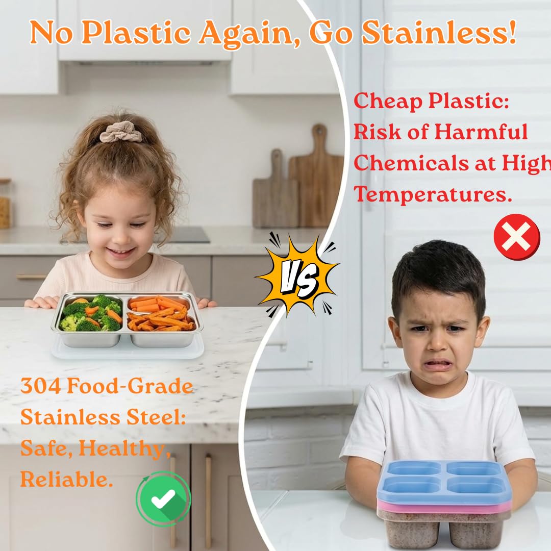 KUNSIMA 2 Pack Snack Containers for Kids, Stainless Steel Toddler Plates with Lids, 3 Compartment Food Container, Baby Plates, Stainless Steel Lunch Box for Kids, Bento Box Meal Prep Containers