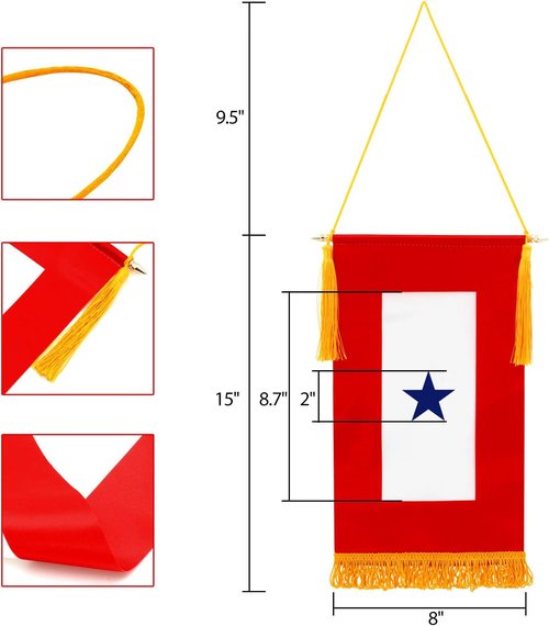 ANLEY Military Service Banner - American Family Member Blue Star Flag - 15" X 8" Fringed Design with Wooden Pole & Golden Tassels