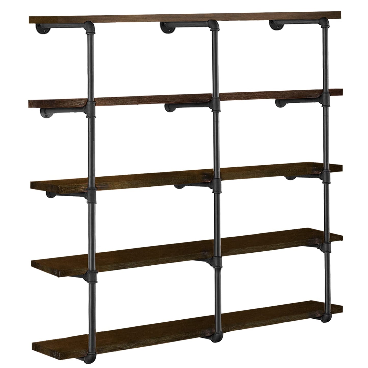 HITOMEN Industrial Iron Pipe Shelves, 3 Set 5-Tier, 55" Tall, 12" Depth, DIY Open Bookshelf Bookcase, Wall Mounted Vintage Retro Shelving, Rustic Farmhouse Pantry Kitchen Storage, Black Shelf Brackets