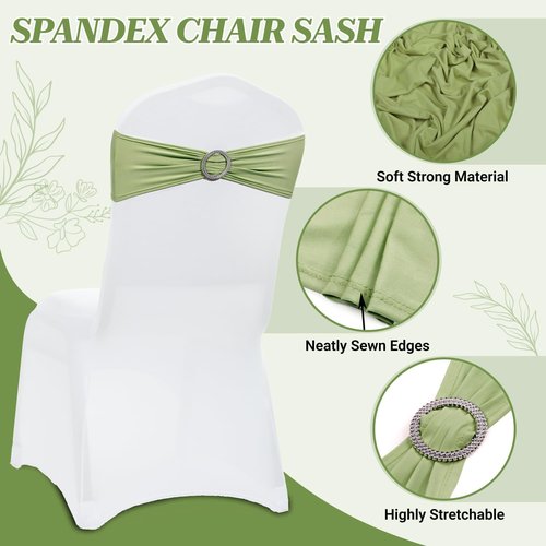 MDS Spandex Chair Sashes - Universal Fit Elastic Stretch Bands with Buckle | 125 Pack - Sage Green