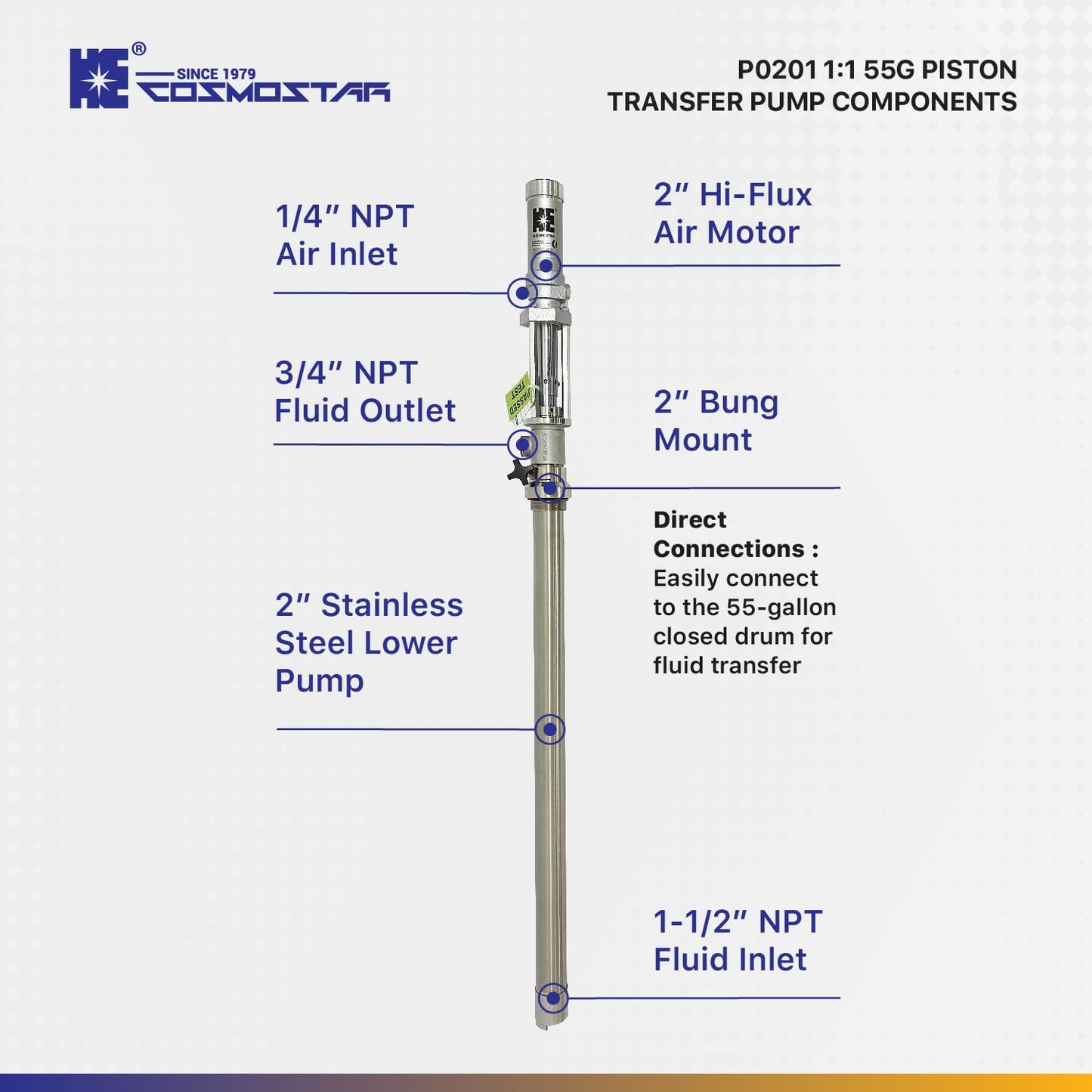 COSMOSTAR 1:1 Air Operated Pneumatic Piston Pump for 55 Gallon Drum Teflon Packing Oil Chemical Transfer Pumps