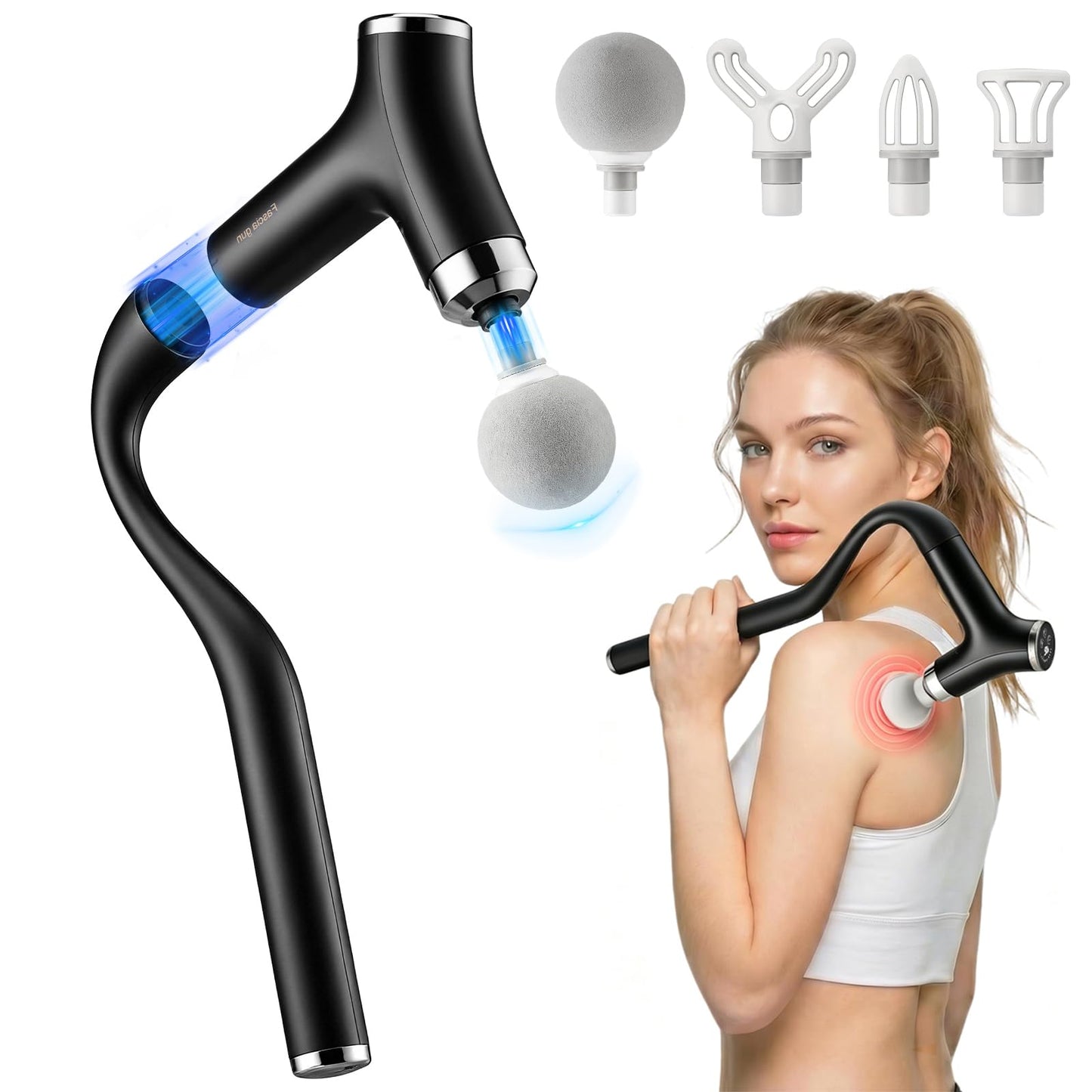 BOZKOON 2-in-1 Detachable Massage Gun Deep Tissue, Ergonomic Extension Handle Back Massager for Hard-to-Reach Areas, 12-Speed Percussion Muscle Massager for Shoulder Waist Thigh Legs
