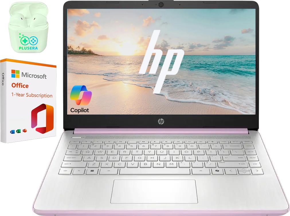 HP 14" Business Laptop Computer with 1-Year Office 365, Intel Quad-Core N150 Processor, 4GB RAM 384GB Storage (128GB UFS+256GB SD Card), Windows 11 Home, PLUSERA Earphones, Honey Lavender