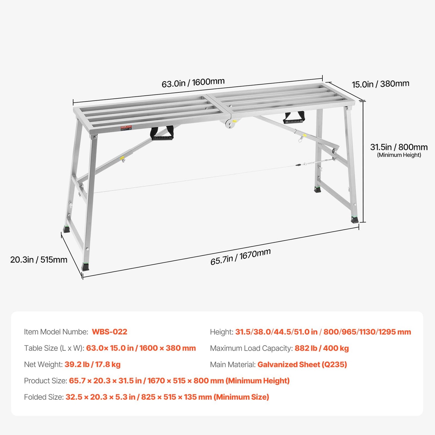 VEVOR Work Platform, 63"x 15" Portable Scaffolding Platform, Folding Steel Step Ladder Adjustable Height 31.5”-50.1”, 800 lbs Load Capacity, Non-Slip Drywall Painting Stool for Cleaning &Washing