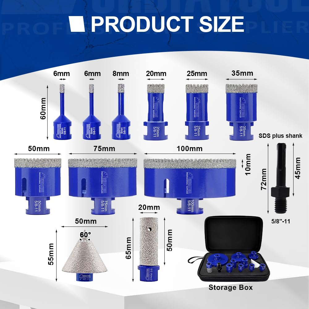 Diamond Core Drill Bits Set 10PCS - DARTOTEK Tile Hole Saw Kit (6/6/6/20/25/32/35/50mm/1 3/8"/6mm for Porcelain, Ceramic Tile, Granite, Marble, Masonry