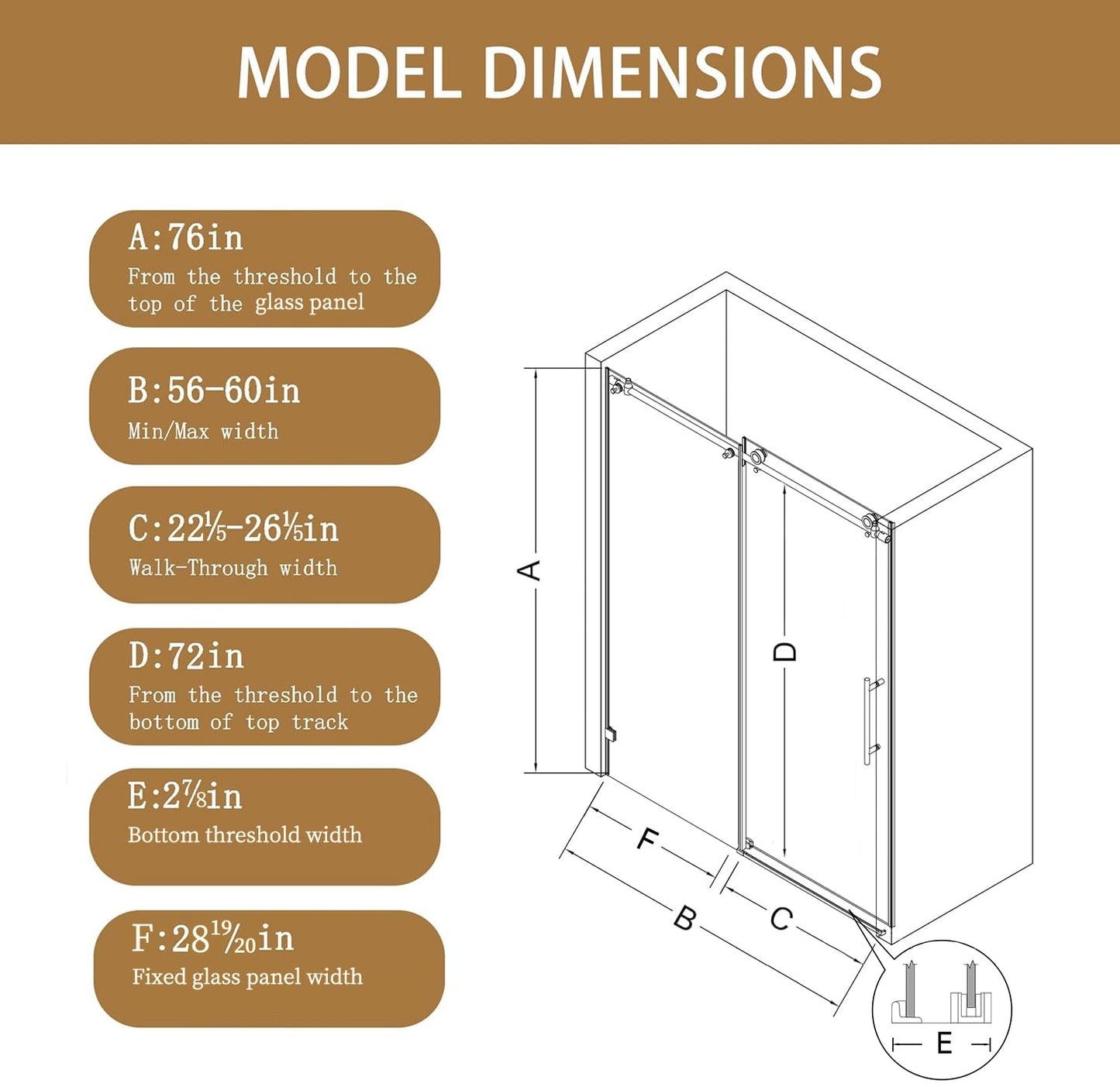 Frameless Shower Door with Round Top Tube - 56-60" W x 76" H Sliding Glass Shower Door,Matte Black, 1/4"(6mm) Tempered Clear Glass with Explosion-Proof Film Nano Coating, Easy Clean