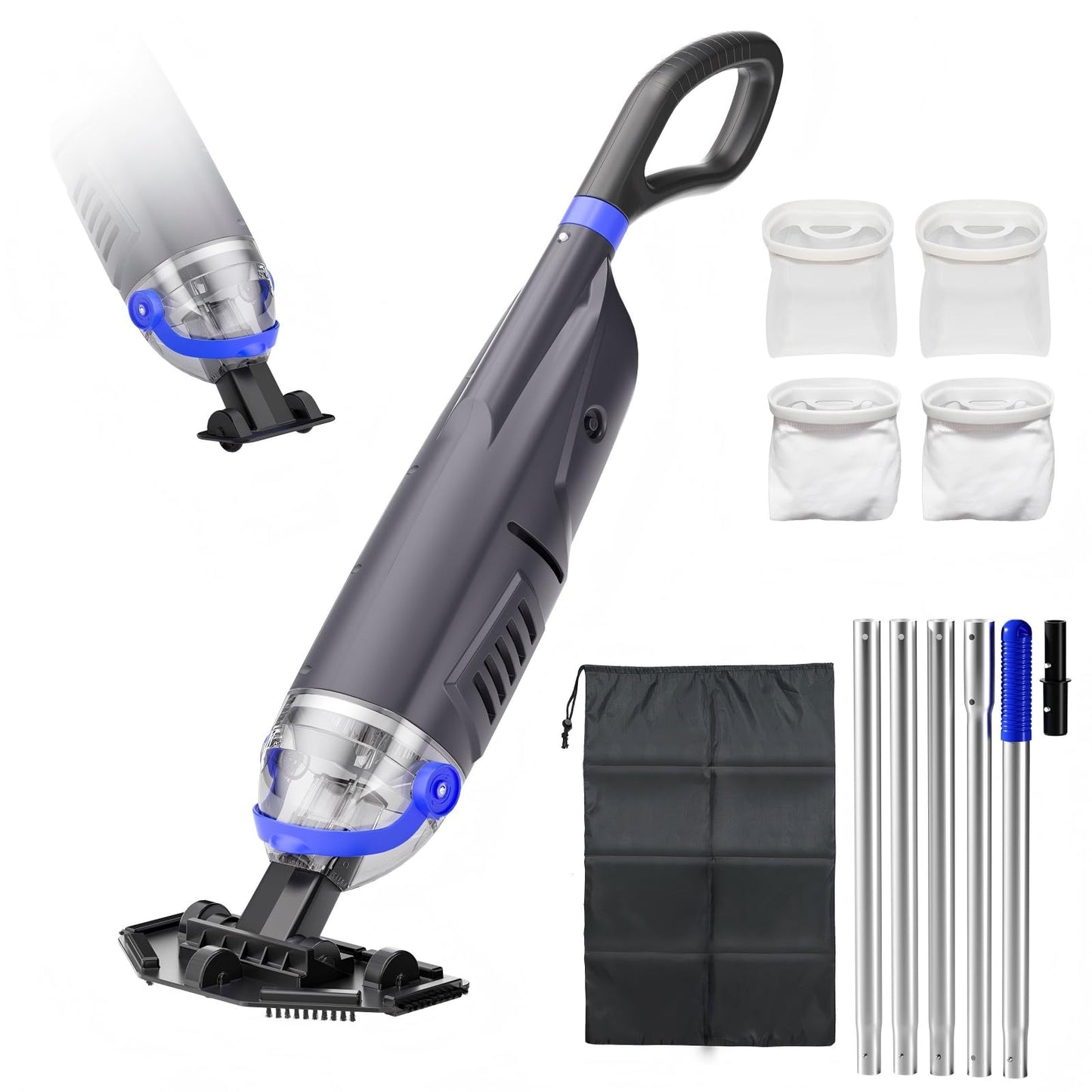 Sharkswell Upgraded Cordless Pool Vacuum with Telescopic Pole, 60 Min Powerful Suction & Large Head, Rechargeable Handheld Cleaner for Above Ground Pools, Inground Pools, Hot Tubs, and Spa