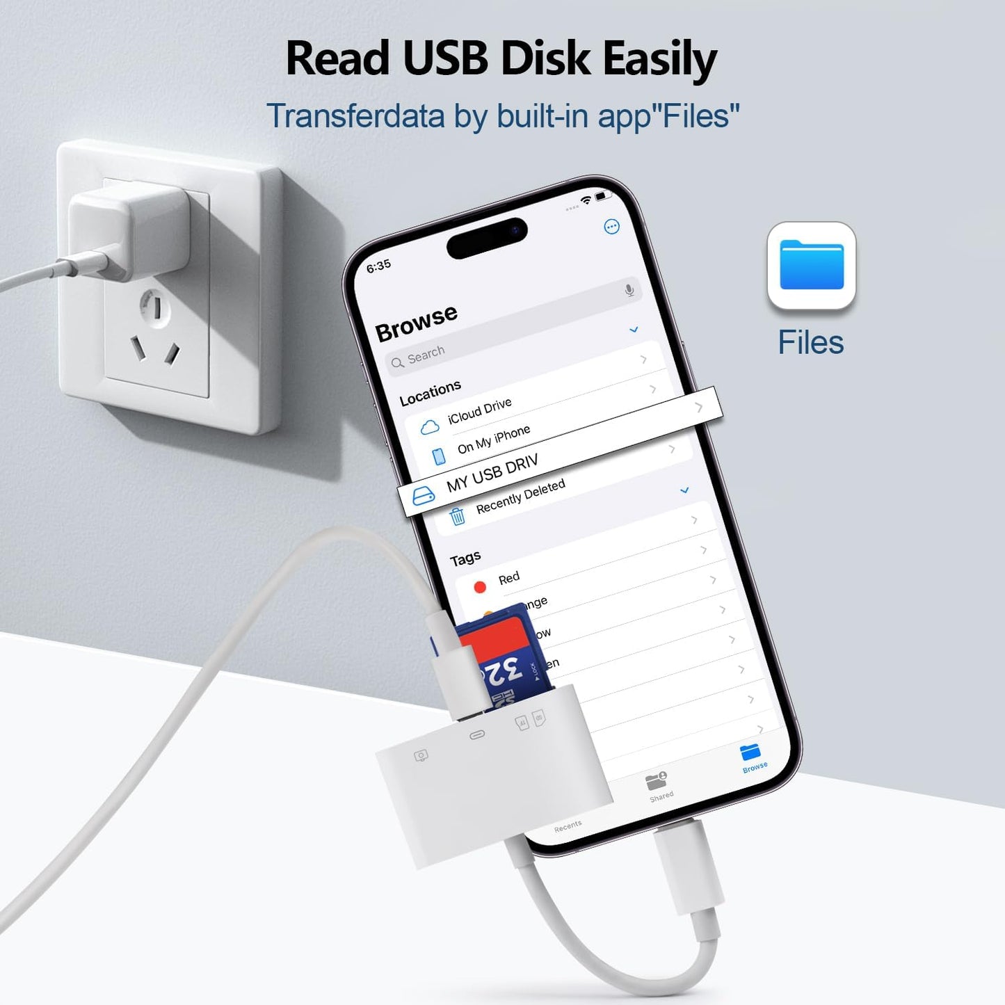 WZDYFL 15-17, 4-in-1 3 SD Card Reader for iPhone USB C SD Card Reader iPhone with SD/TF/USB-A Slots & Charging Port