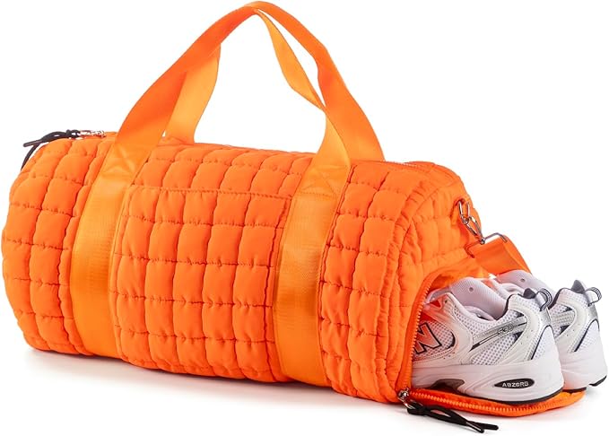 Quilted Duffel Gym Bag for Men and Women Carry On Travel Sport Weekender Bag, Orange