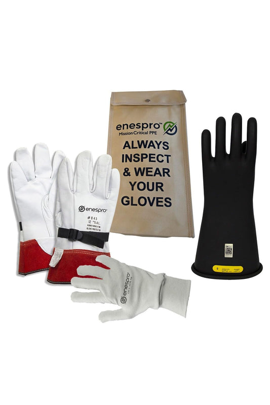 Enespro Class 2 Black Rubber Voltage Insulating Glove Premium Kit with FR Knit Glove and Leather Protectors, Max. Use Voltage 17,000V AC/ 25,500V DC, KITGC2B11AG