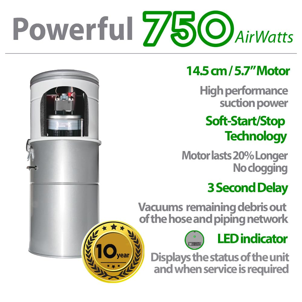 OVO 750 Airwatts Heavy Duty Powerful Central Vacuum System, Hybrid Filtration (with or Without Disposable Bags) 35L or 9.25Gal Bottom Load Dust Bin