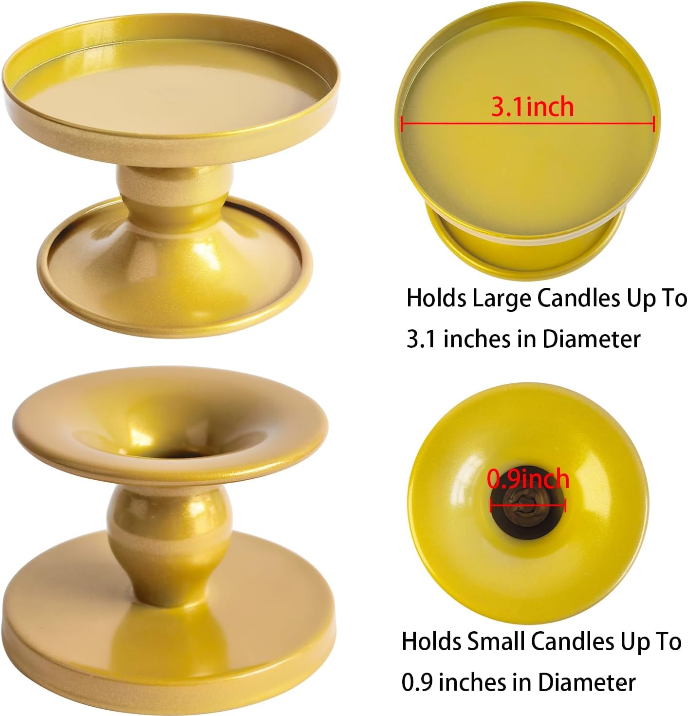 Table Gold Candle Holders - Set of 2 | Reversible Metal Stands for Pillar & Taper Candles | Elegant Home Décor for Weddings & Events
