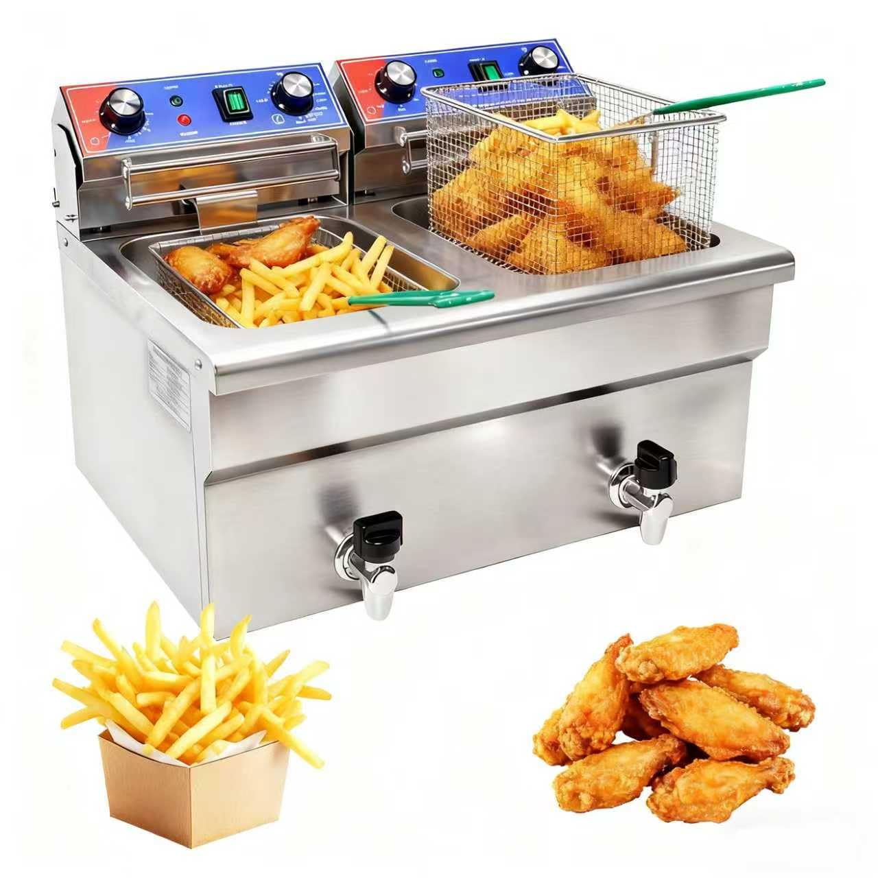 BNDHKR Commercial Deep Fryer, 2 x 15.3Qt Dual Tank Electric Countertop Deep Fryers with Drain, 3800W Large Capacity Stainless Steel Oil Fryer with Baskets and Time&Temp Control for Restaurant Use