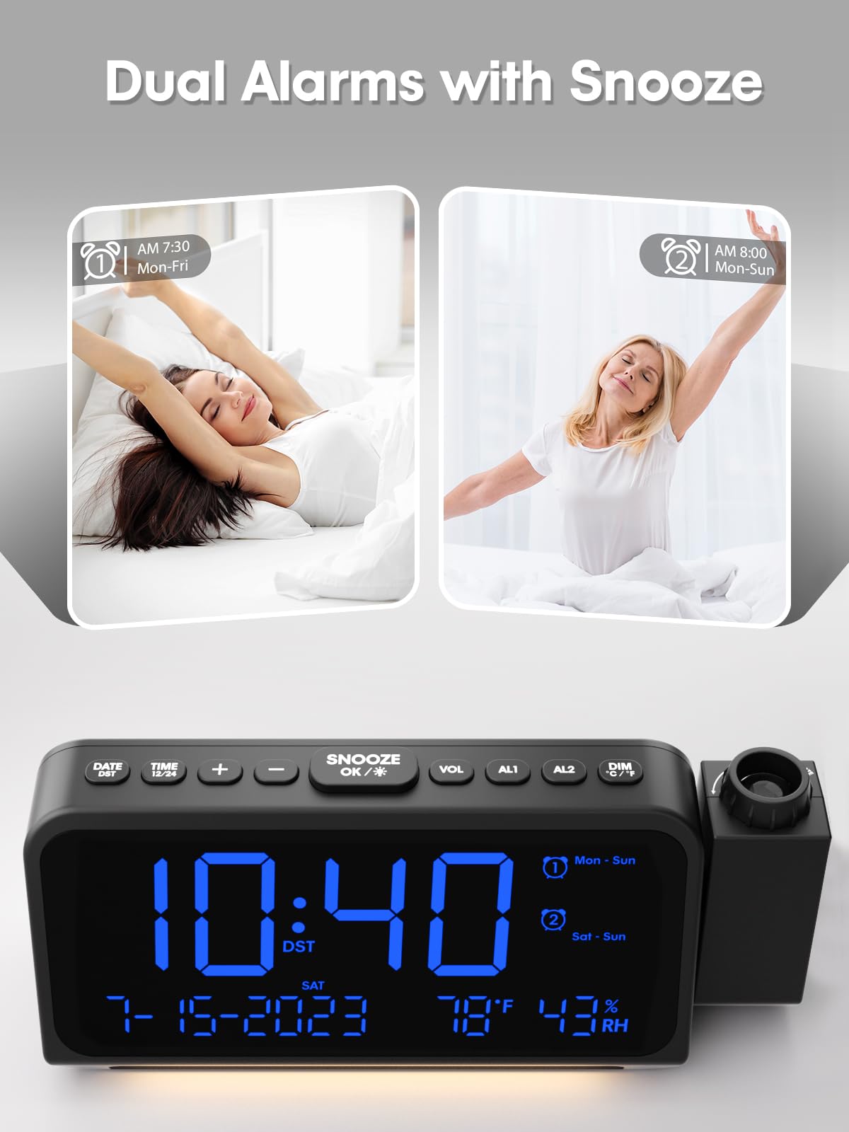 ROCAM Projection Alarm Clock for Bedroom Ceiling, Digital Clock with 180° Projector with 5-Level Dimmer, Dual Loud Alarm with Weekend/Weekday Mode, Date, Temp, Humidity, Night Light, DST, Snooze