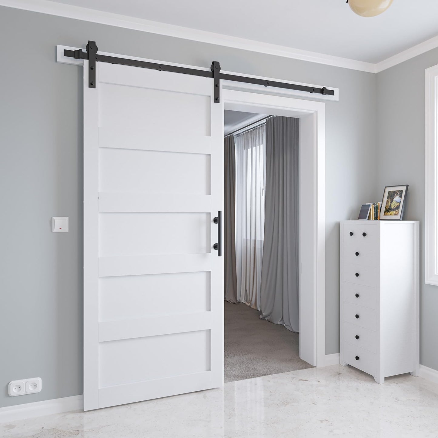 COSHOMER 36in x 84in Sliding Barn Door with 6.6ft Barn Door Hardware Kit & Handle, Pre-Drilled Holes Easy Assembly -Solid Barn Door Slab Covered with Water-Proof PVC Surface, White, 5 Panel