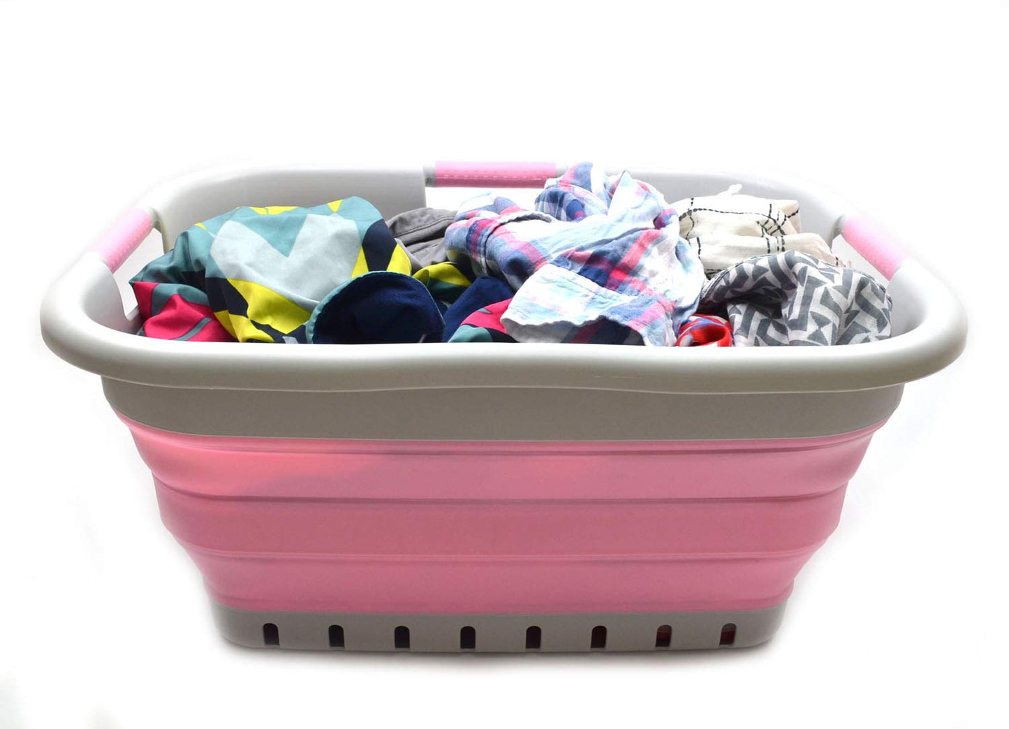 SAMMART 41L (10.8 gallon) Set of 2 Collapsible 3 Handled Plastic Laundry Basket-Foldable Pop Up Storage Container/Organizer-Space Saving Hamper/Basket (2, Grey/Pink)