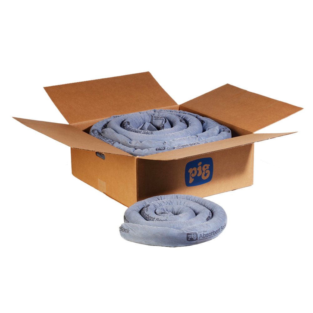 PIG Blue Absorbent Sock Heavy Sock Forms Barrier & Prevents Spills from Spreading 8-Gal Absorbency 5" x 10' 4 Socks PIG217