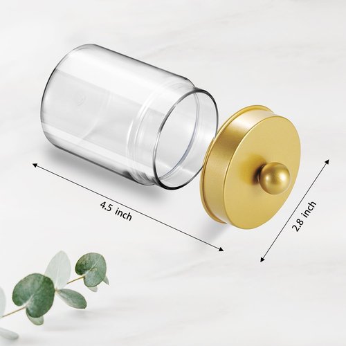 Amolliar Qtip Holder Dispenser - 8 oz Plastic Apothecary Jar for Vanity Makeup Storage - Gold Bathroom Canister Set