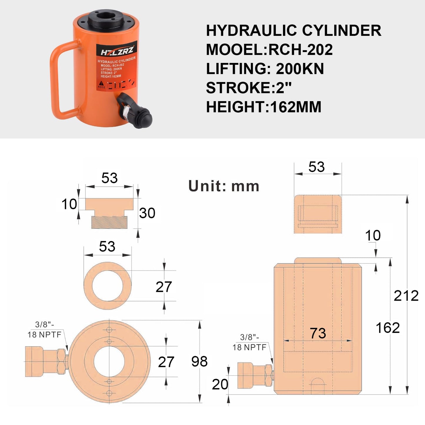 HZLZRZ 20T Hydraulic Cylinder Jack Hollow Single Acting Hydraulic Ram Cylinder, Hydraulic Lifting Cylinders 2"(50mm) and Porta Power Kit(RCH-202)