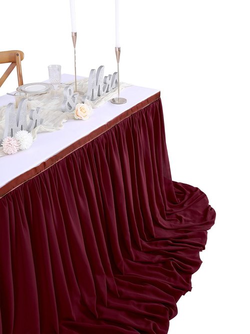Burgundy Table Skirt 14FT Chiffon Table Skirting 2 Layer Rectangle Green Tablecloth for Birthday Baby Shower Wedding