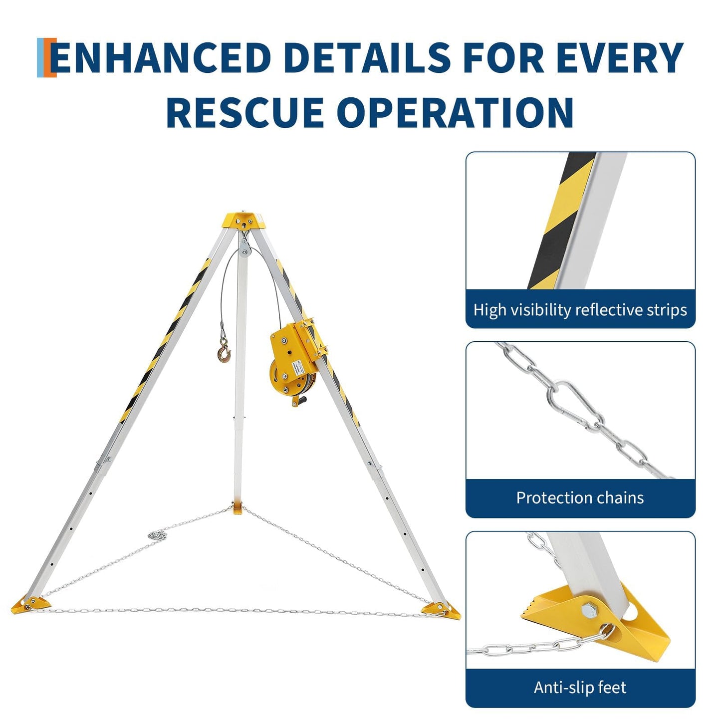 Adjustable Confined Space Tripod Rescue System – 1200 Lbs Winch, Self-Locking Safety, 49 ft Steel Cable, Safety Harness & Storage Bag, for Well, Sewer, Manhole, Tank Operations (Fall Protection)
