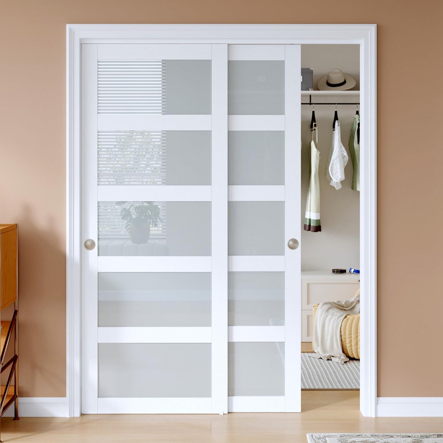 EaseLife 60"x80"(Double 31"x80") Sliding Closet Door,5-Lite Frosted Glass Bypass Sliding Door with Hardware Kit,Solid MDF Wood Slab & Water-Proof PVC Surface,White