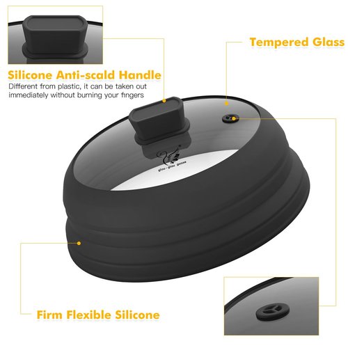 Microwave Splatter Cover Glass Cover Splatter Guard Lid with Collapsible Silicone for Food Cover Plate Cover 10.8 inch 2 Pack Black