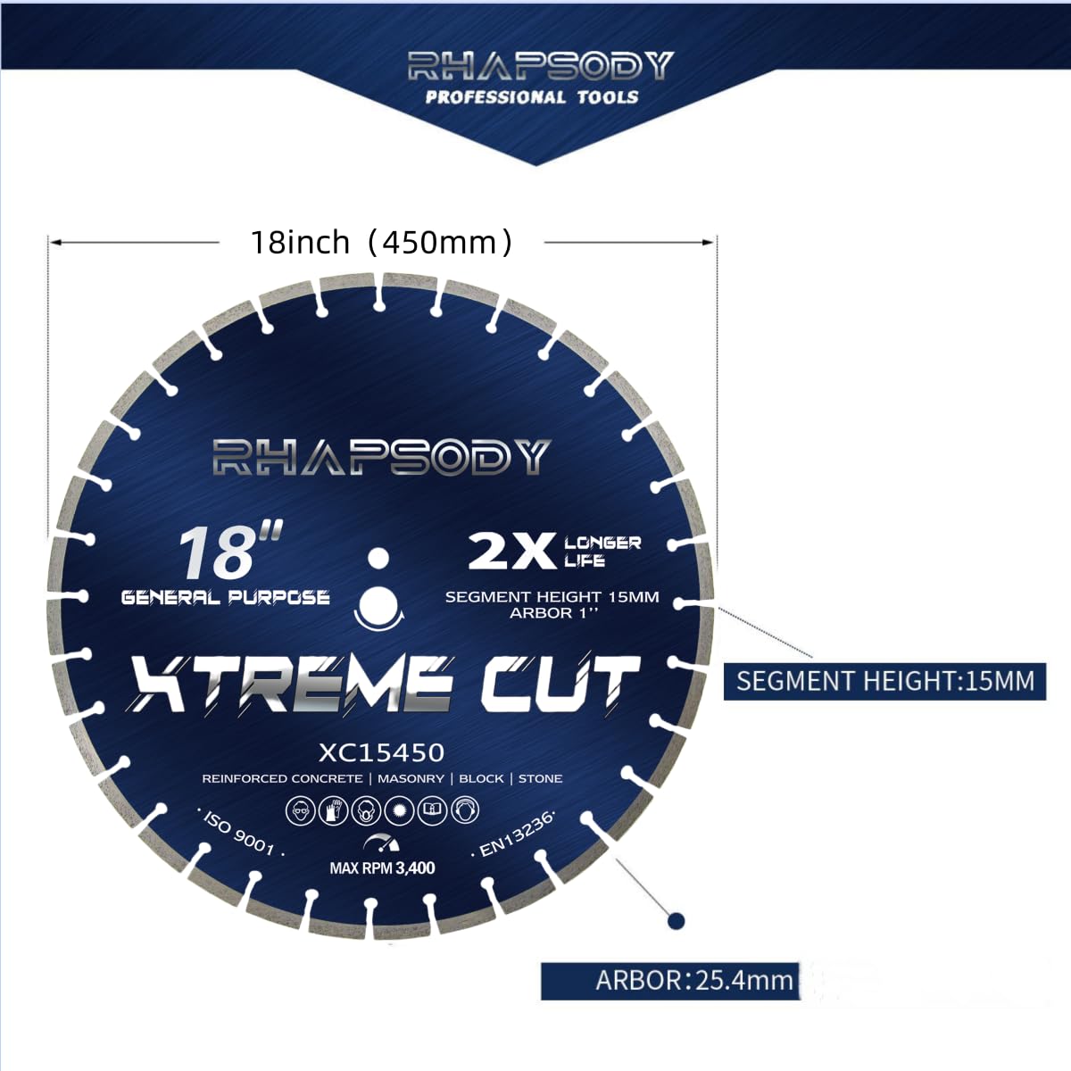 RHAPSODY 18 Inch Diamond Saw Blade - Segmented General Purpose for Dry/Wet Cutting Concrete, Reinforced Concrete, Masonry, Brick, Block - 1" Arbor