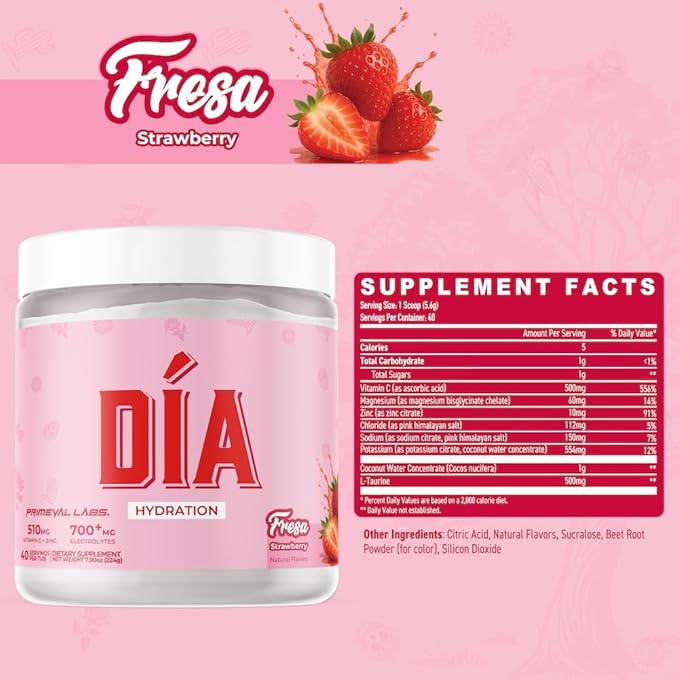 Primeval Labs Dia Hydration Electrolyte Powder | Vitamin C + Zinc, Taurine & Electrolytes | Low Sugar Daily Hydration Drink | 40 Serving Tubs | Fresa