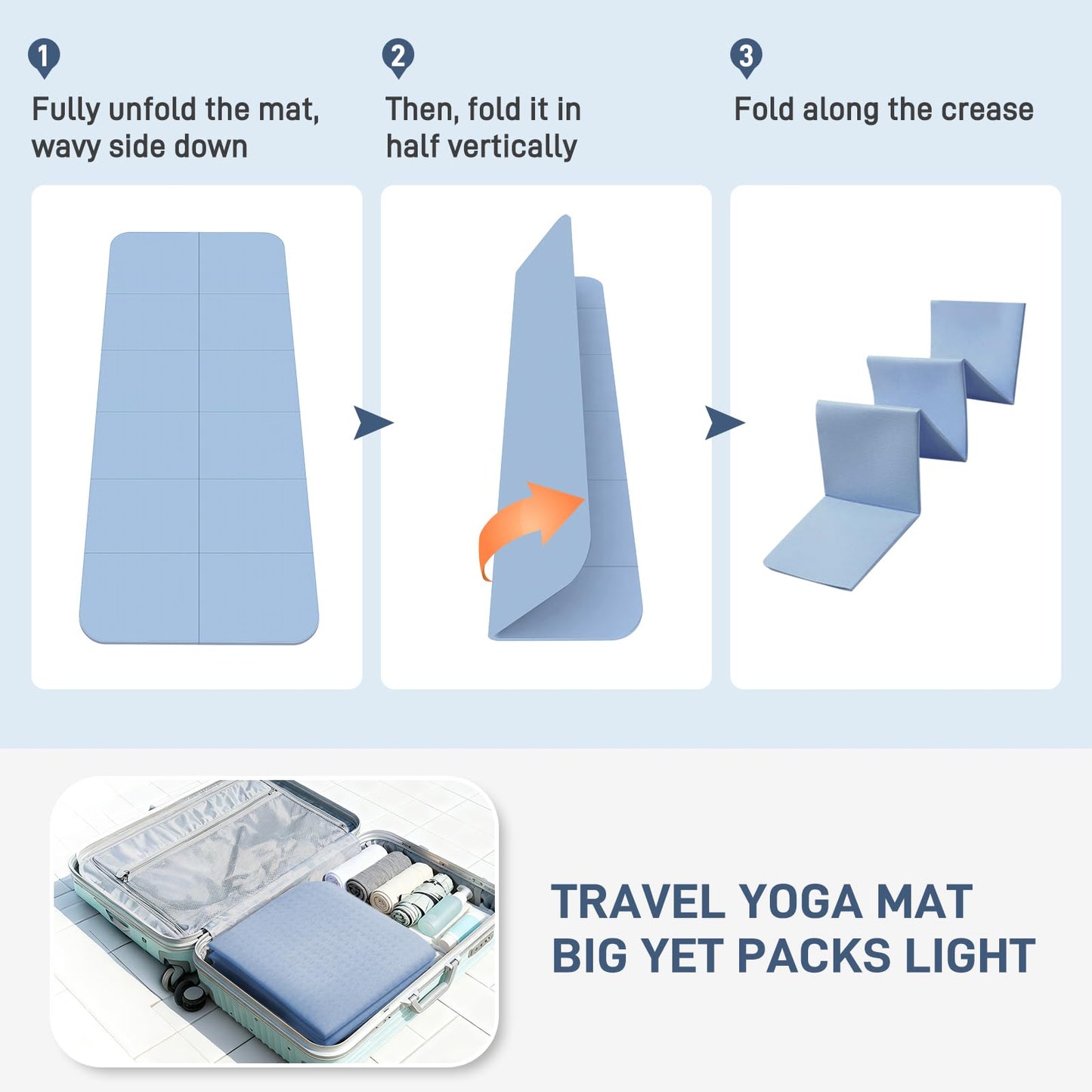 Kanonmaori Foldable Yoga Mat for Travel 72"x 32"x 0.32"Inch, 8mm Thick Folding Exercise Mat, Outdoor Non-slip Pilates Mat for Women & Men, Wide Yoga Mat Packable for Workout and Fitness（blue）
